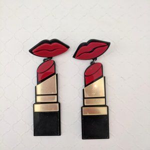 Red Lipstick Earrings Drop Long Acrylic Black New